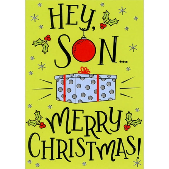 Designer Greetings Hey Son: Silver Polka Dot Gift on Bright Green Funny / Humorous 3D Pop Up Christmas Card for Son