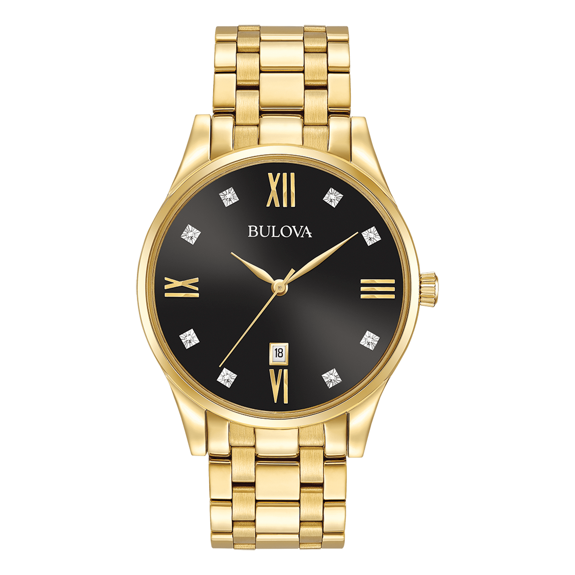 Bulova Men's Diamonds Black Dial Yellow Gold Plated Steel Bracelet Watch 97D108
