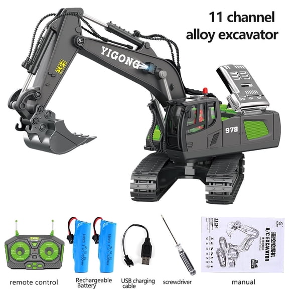 Remote Control Excavator Toy for Boys 4-12 Years Old, Best Birthday Gift for Kids 4-11, RC Construction Vehicle with Metal Shovel, Lights, Sounds, 2.4Ghz, Green