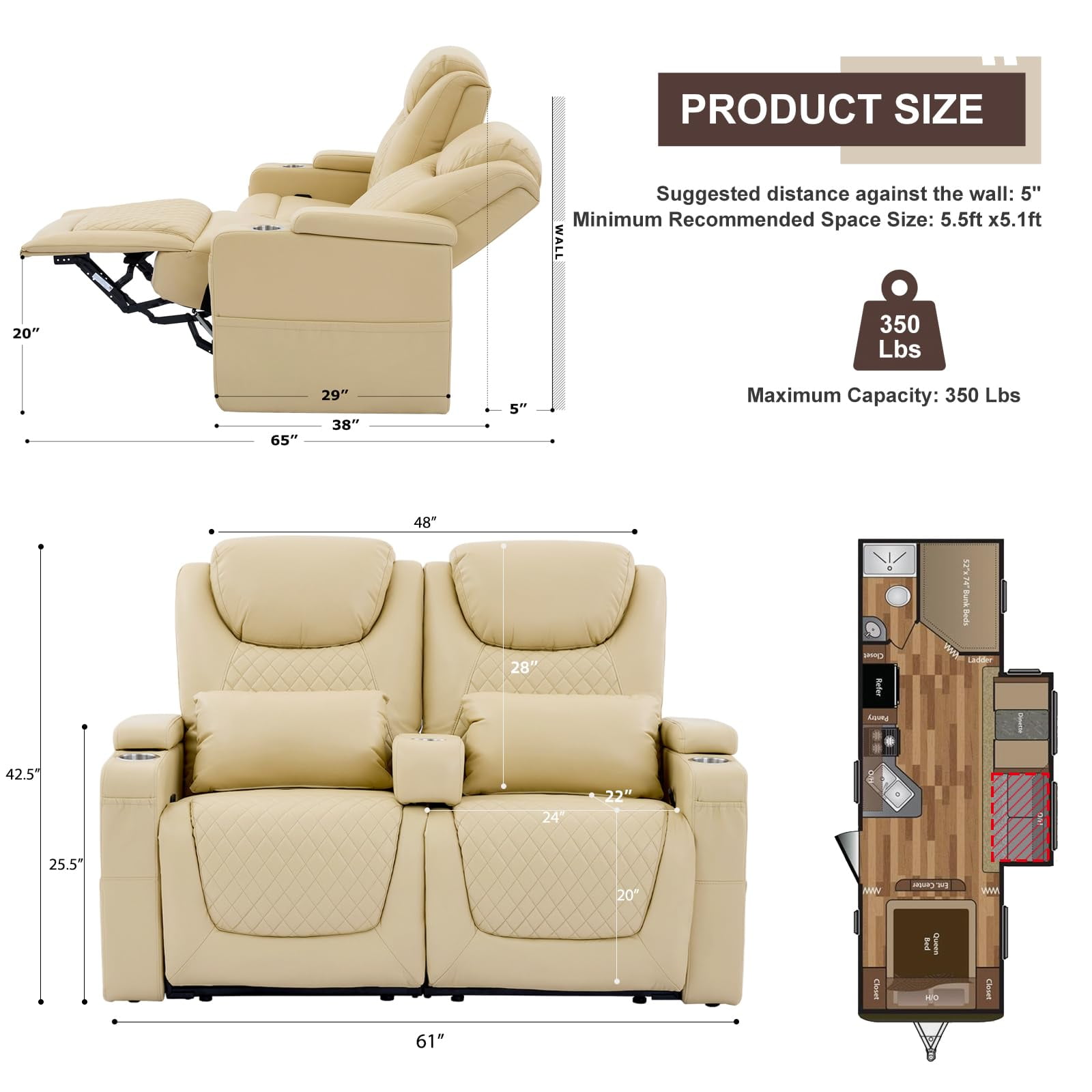 61" RV Loveseat Recliner, Double Recliner Furniture with 3 Arms and 2 Pillows, Wall Hugger Recliners & 135° Reclining Theater Seating (Beige PU Leather RV Couch)