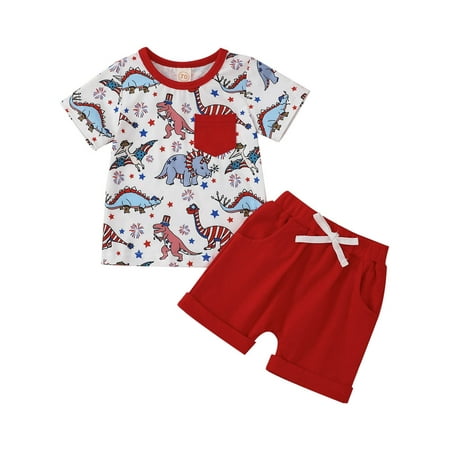 

aturustex 0M 6M 12M 18M 24M 3T Newborn Baby Boy 4th of July Summer Clothes Short Sleeve Cartoon Dinosaur T-Shirt Top Shorts 2Pcs Outfit Independence Day