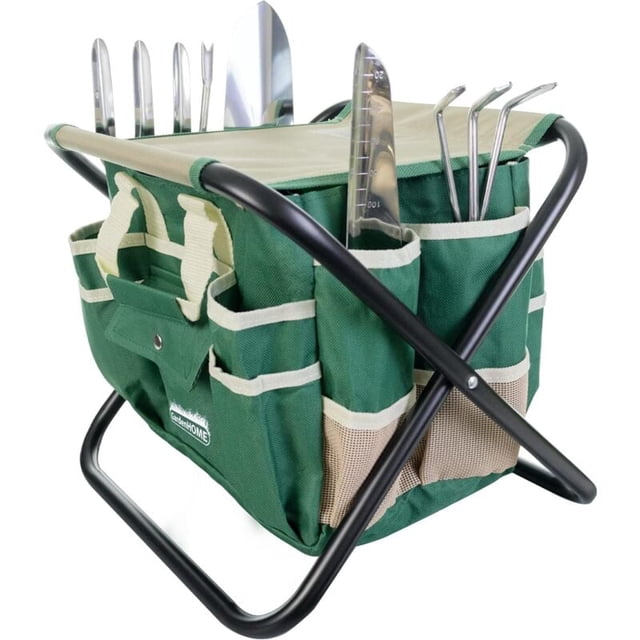 7-Piece All-in-One Gardening Tool Set - 5 Stainless Steel Tools, Folding Stool, Removable Canvas Bag