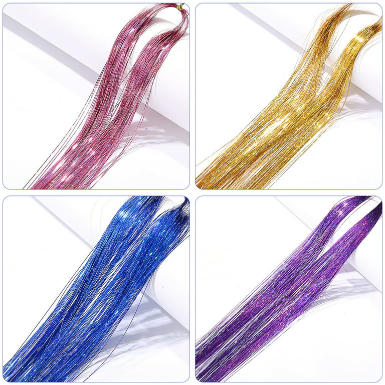 110cm Colorful Shiny Threads Glitter Hair Tinsel Kit Gold Purple Blue Silk  Hair Glitter String Extensions Accessories for Women
