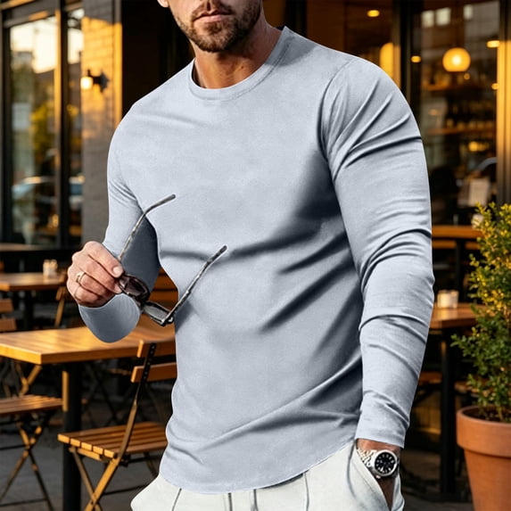 WULMLEO Men's Crew Neck Curved Hem Long Sleeve T-Shirts Soft Stretch Slim Fit Basic Solid Casual Pullover Tops Dark Gray M
