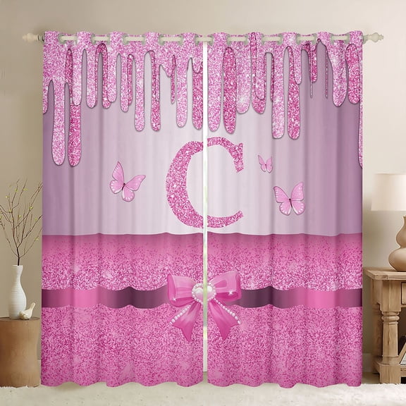 Manfei Kawaii Bowknot Alphabet C Black Out Curtains for Female Women Teens,Bling Glitter Splash Curtains Pack of 2 (42x63 Each),Flying Butterfly Bedroom Curtains,Dreamy Princess Room Decor