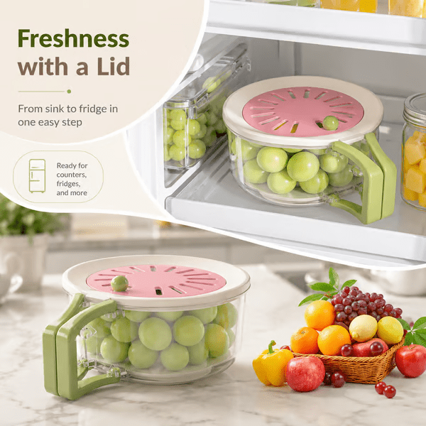 2-in-1 Fresh Keeper Colander Storage Container – Airtight Produce Keeper with Strainer Lid, Fruit and Vegetable Washer & Fridge Organizer, BPA Free 2pack