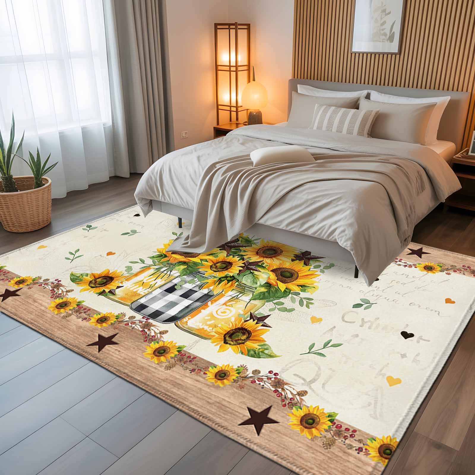 Sunflower Vintage 5x8 Area Rugs, Farmhouse Floral Botanical Brown Wooden Non-Skid Rubber Backing Large Rectangle Rugs - Living Room Bedroom Home Office, Indoor Floor Mat Carpets Washable Rug