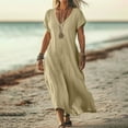 thumbnail image 2 of Womens Summer Dresses, Linen V Neck Short Sleeve Maxi Dress Elegant Loose Cocktail Wedding Guest Plus Size Beach Casual Long Sundress Petite Casual Dresses Casual Dresses (L, Dark Gray) ZMTing, 2 of 5