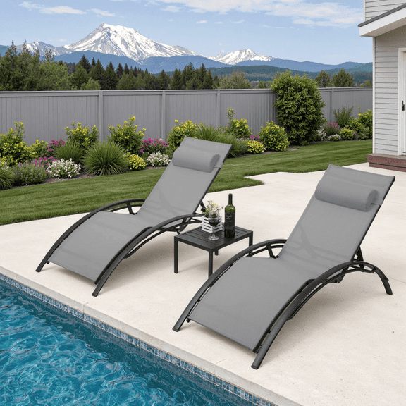 Arlopu Patio Lounge Chair Set of 3, Outdoor Recliner Chairs with Adjustable Backrest for Pool Garden Beach