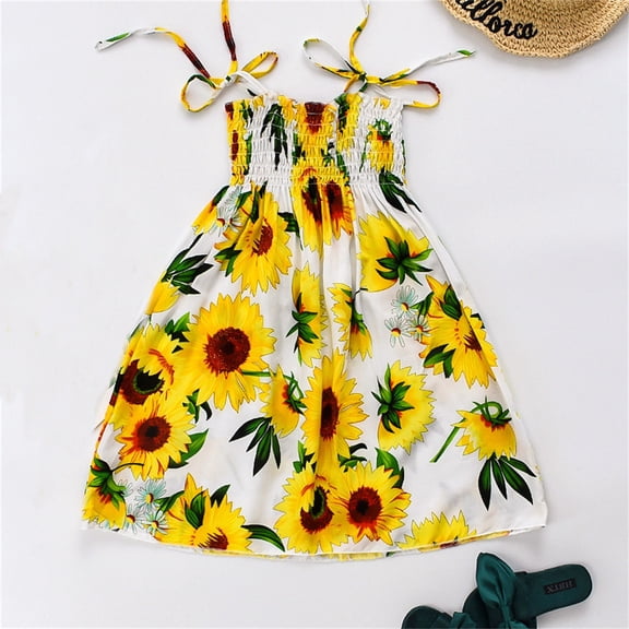CUZIBR Girls Dresses Summer Casual Bow Spaghetti Strap Sleeveless Smocked Traditional Floral Print A-Line Dress High Waist Fashionable Breathable School Uniform Dailywear Dress,White,8-9 Years