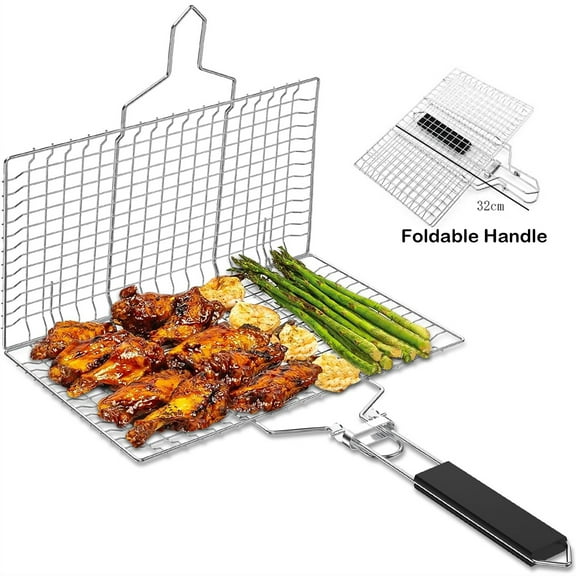 Grill Basket with Foldable Handle, BBQ Basket Grill Accessories Stainless Steel BBQ Grill Mesh,BBQ Vegetable Slices Basket,Grill Basket Camping Grill,Suitable for Vegetable,Fries,Fish