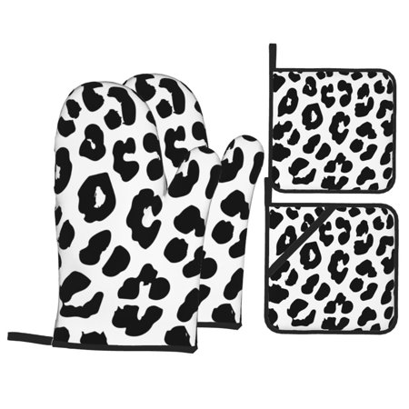 

YFYANG Oven Mitts and Pot Holders Sets 4 Pieces Non-Slip Heat Resistant Abstract Black Leopard Print Texture Kitchen Glove Pot Mat for Cooking and Baking