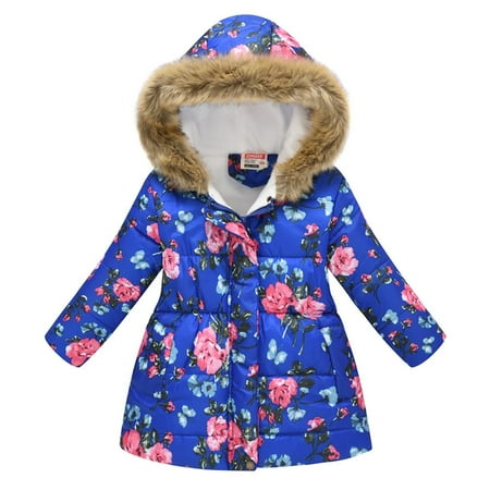 

PEZHADA Toddler Baby Floral Print Jacket Parkas Hoodies Tops For Kids Winter Thick Warm Windproof Coat Outwear Jackets Sky Blue