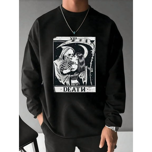 1pcs Fall Long Sleeve Casual Tee Crewneck Skull Tarot Death Graphic Men's T Shirt Gothic Streetwear 100% Cotton Grim Reaper Couple Embrace Design Digital Printed T Shirt