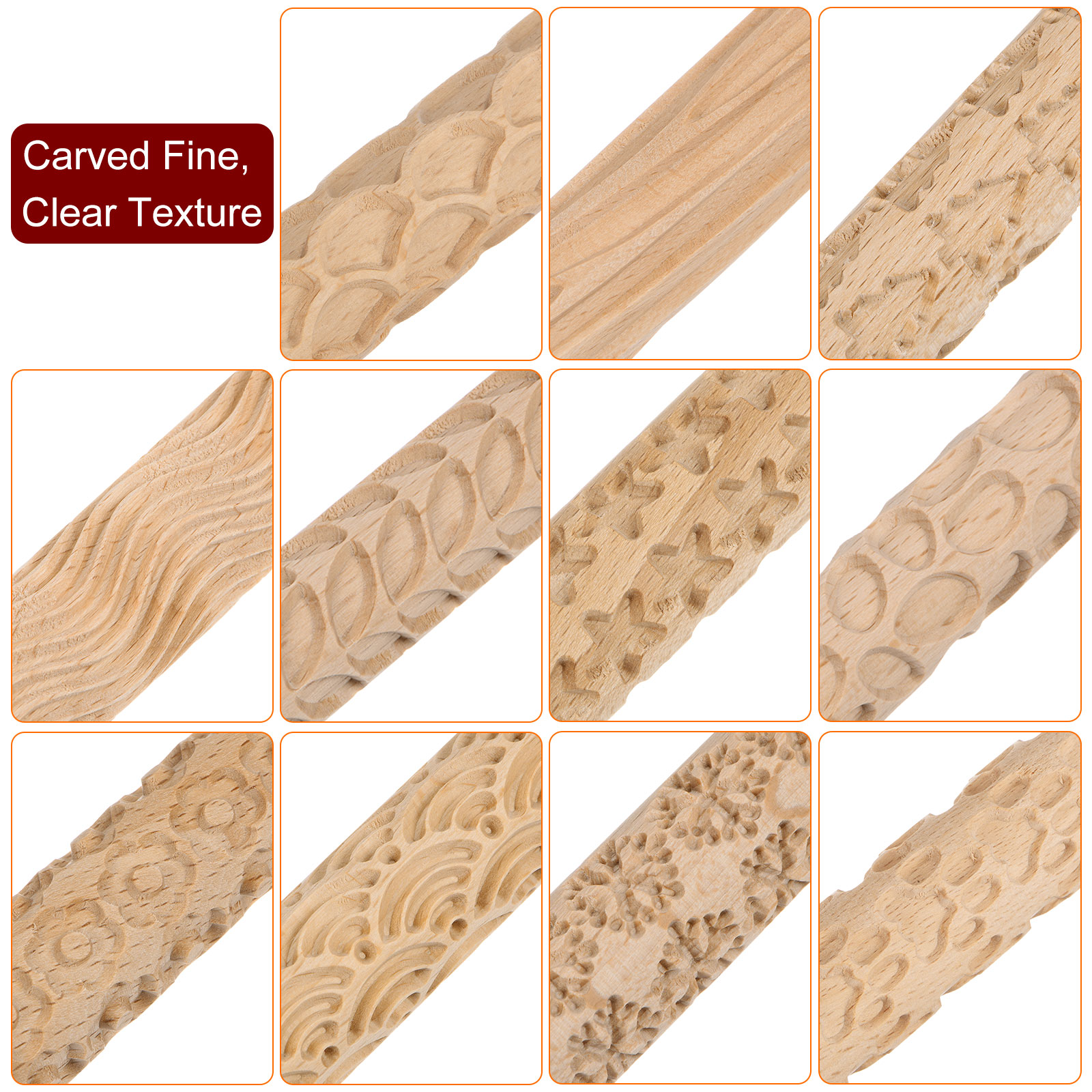 11pcs Wood Clay Roller 15cm Wooden Pottery Tools Wood Grain Texture