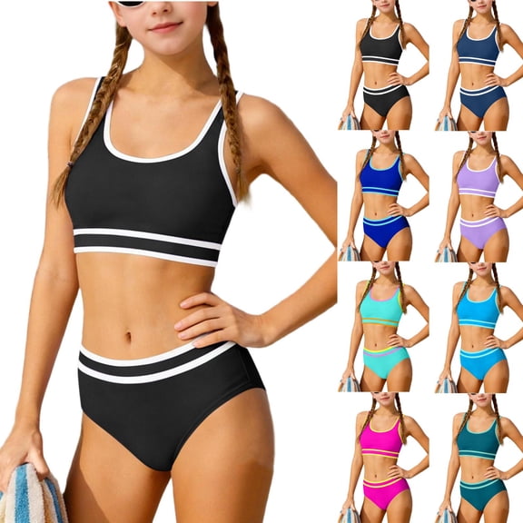 Girls Bikini Set 2 Piece Swimsuit Beach Sports Bathing Suit Colorblock High Waist Athletic Swim Suits Summer Swimwear 7-16 Years