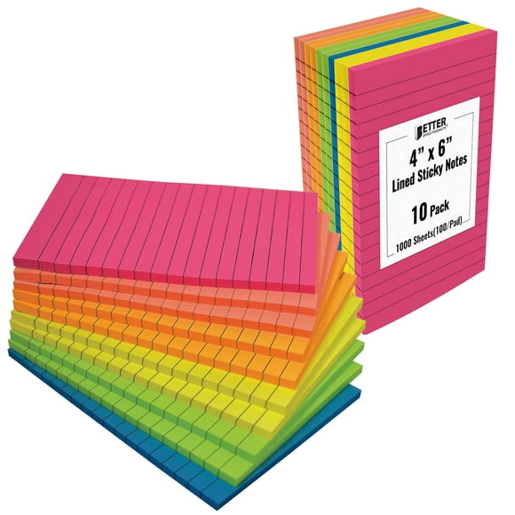 Sticky Notes Better Office Products, paquete de 10 unidades, 4 x 6 pulgadas, con líneas surtidas