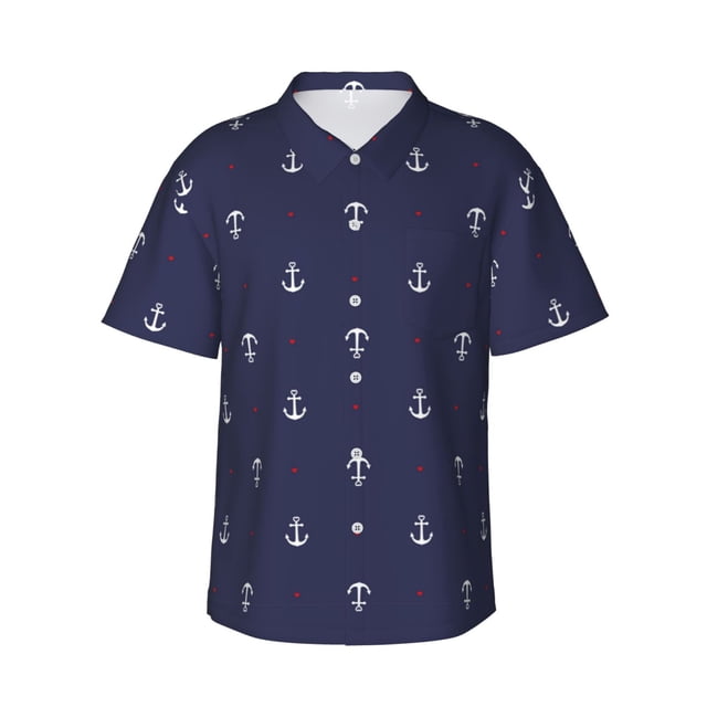 Balery Anchor Heart Blue Camisas hawaianas de manga corta para hombre, camisas playeras de corte holgado, camisas de vacaciones con botones,XX-Large