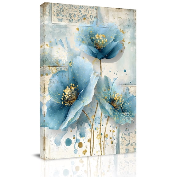 Canvas Wall Art Vintage Blue Flower Canvas Art Print Watercolor Floral Abstract Modern Minimalist Pictures Wall Decor for Living Room Bedroom Artwork Decorations Stretched Framed Ready to Hang 8"x10"