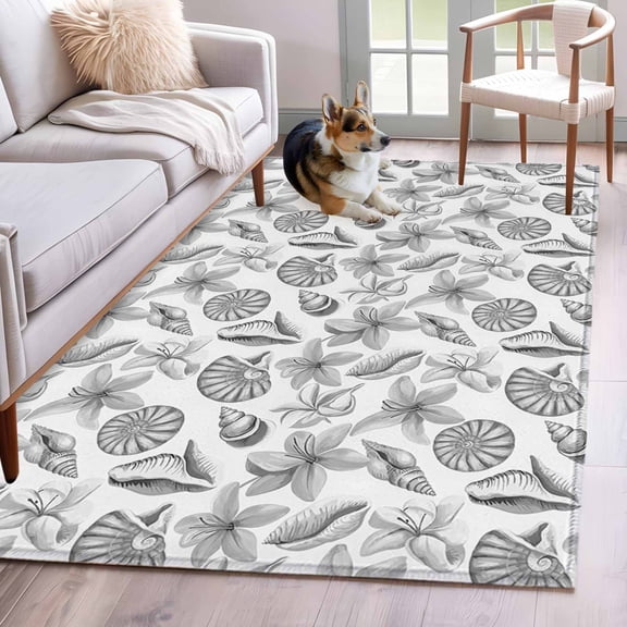 Grey Coastal Area Rug 3x5 Washable Rug Non Slip Shell Floral Ocean Retro Large Area Rug Indoor Floor Carpet for Entryway Bedroom Kitchen Living Room Home Office Dining Room Nursery