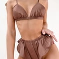 thumbnail image 3 of 2 piezas de lencería con volantes ropa de dormir cuello en V cierre frontal sujetador pantalones cortos elásticos conjunto de lencería de satén suave marrón L, 3 of 6