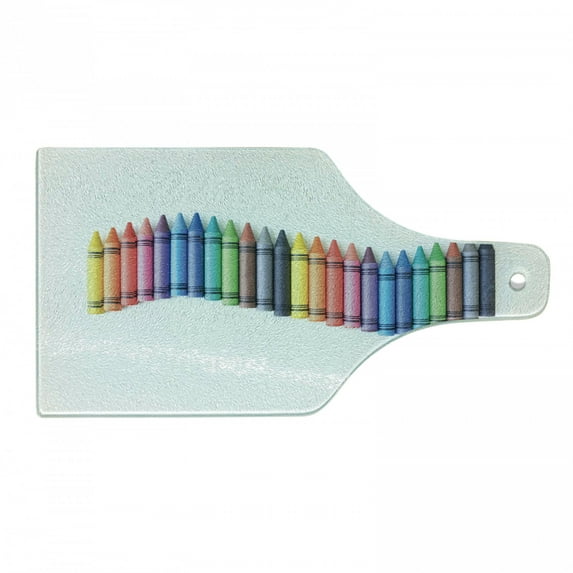 Crayon Cutting Board, Photo of Wavy Border Tiny Children's Painting Craft on Plain Backdrop Print, Decorative Tempered Glass Cutting and Serving Board, in 3 Sizes, by Ambesonne