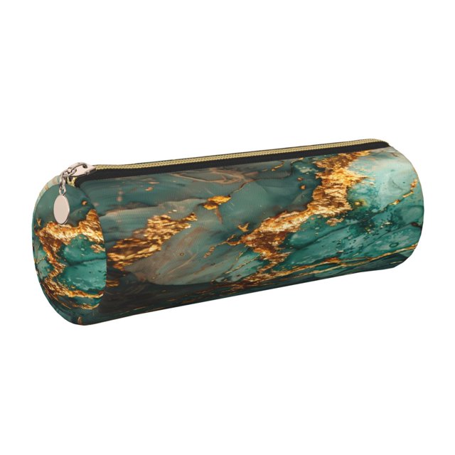 Easygdp Emerald Color Gold Marble para Estuche de Lápices Cilíndrico de Cuero con Cremallera, Organizador de Lápices de Cuero para Escuela, Oficina y Viajes