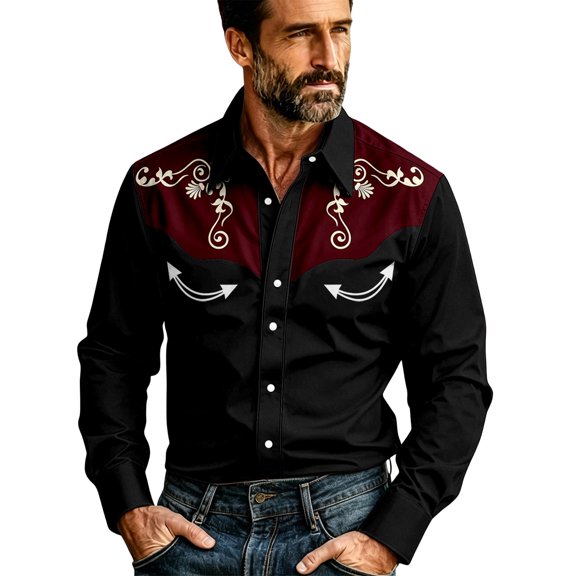 xfsWaSs Men's Western Cowboy Shirt Vintage Print Long Sleeve Shirts Slim Fit Casual Button Down Shirts Cowboy Style Festival Outfit Fashion Party Tops