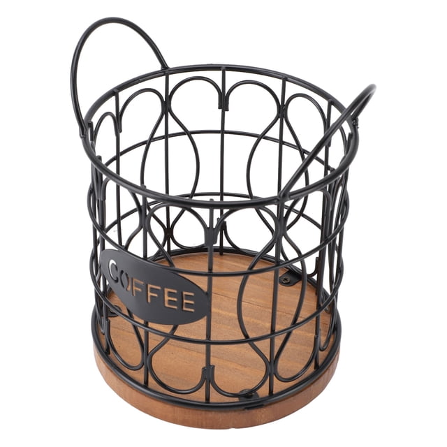 Coffee Pod Holder, Large Capacity Black Wire Storage with Wooden Base, Stylish Coffee Capsule Organizer for Kitchen Countertop, Iron Log, 16.7cm Height
