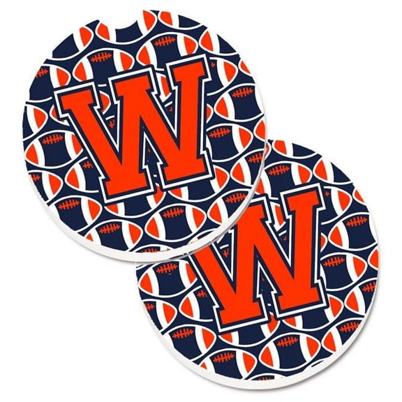 Letter W Football Orange with Blue & White Set of 2 Cup Holder Car Coaster