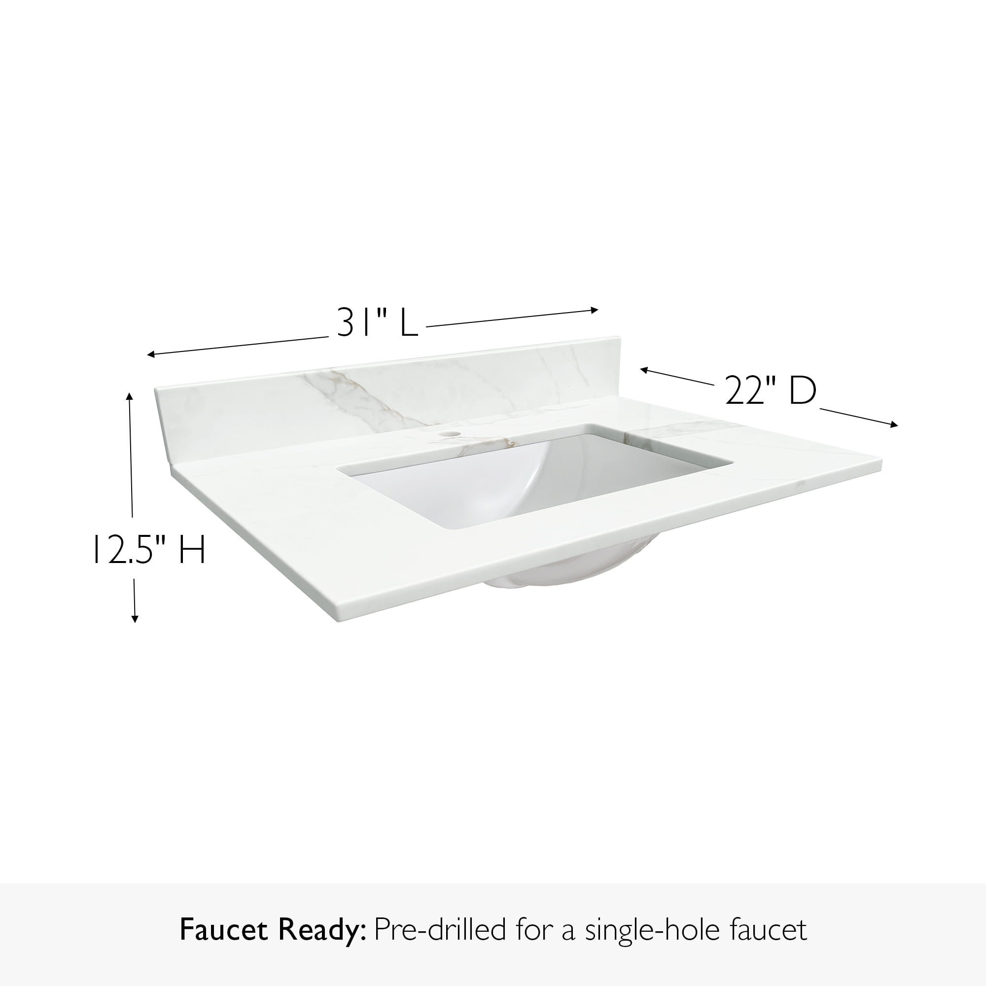 Design House Calesco Calacatta 31" Quartz Vanity Top with Backsplash and 22" Side Splash, Single Hole