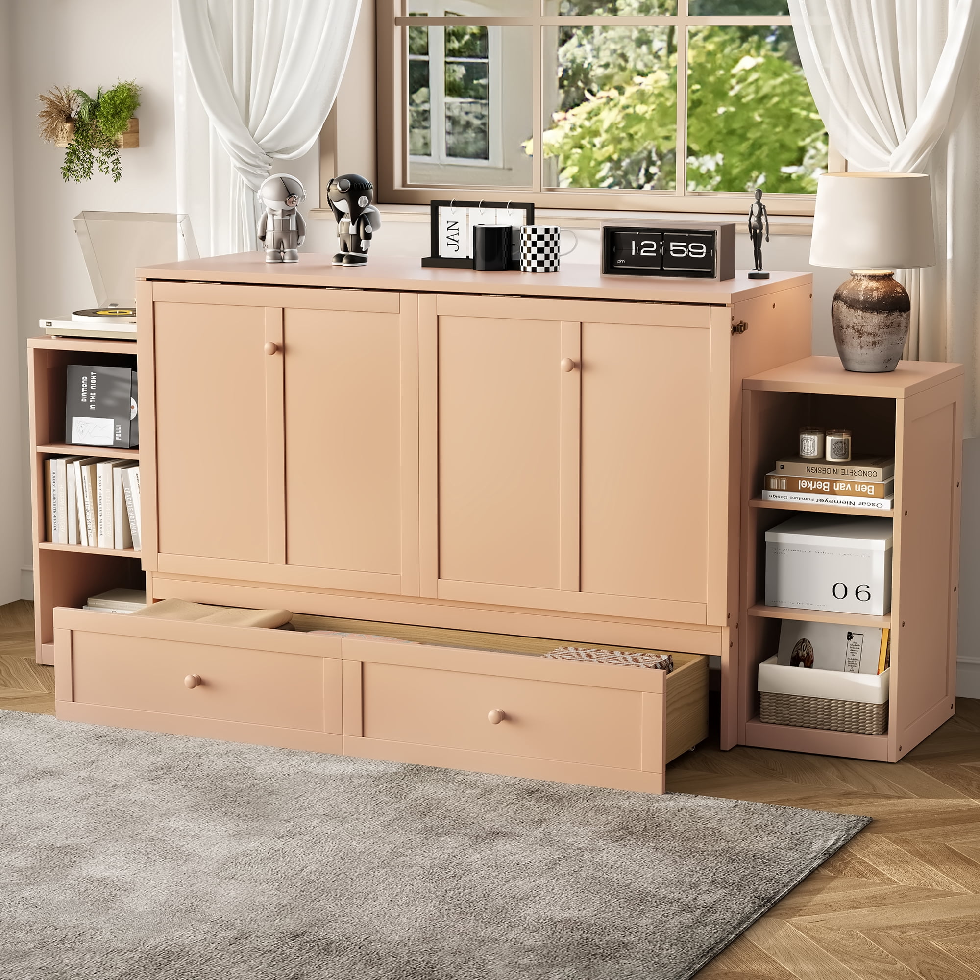 Mintazer Queen Size Murphy Bed with 6 Side Shelves & 2 Drawers, Modern Foldable Cabinet Bed for Bedroom Apartment Guest Room, Gold