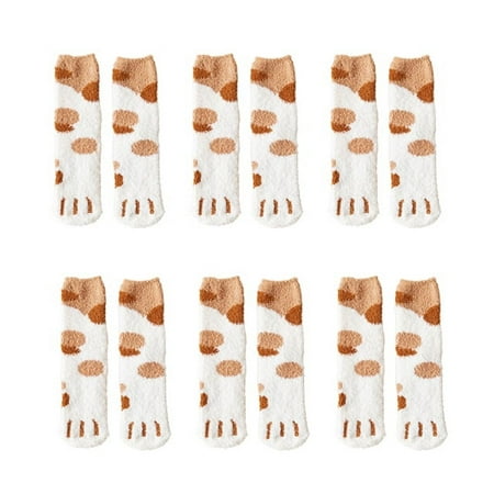 

6 Pairs Women Girls Cute 3d Dog Cat Paw Pattern Fleece Socks Warm Funny Floor Sleeping Socks Brown spots