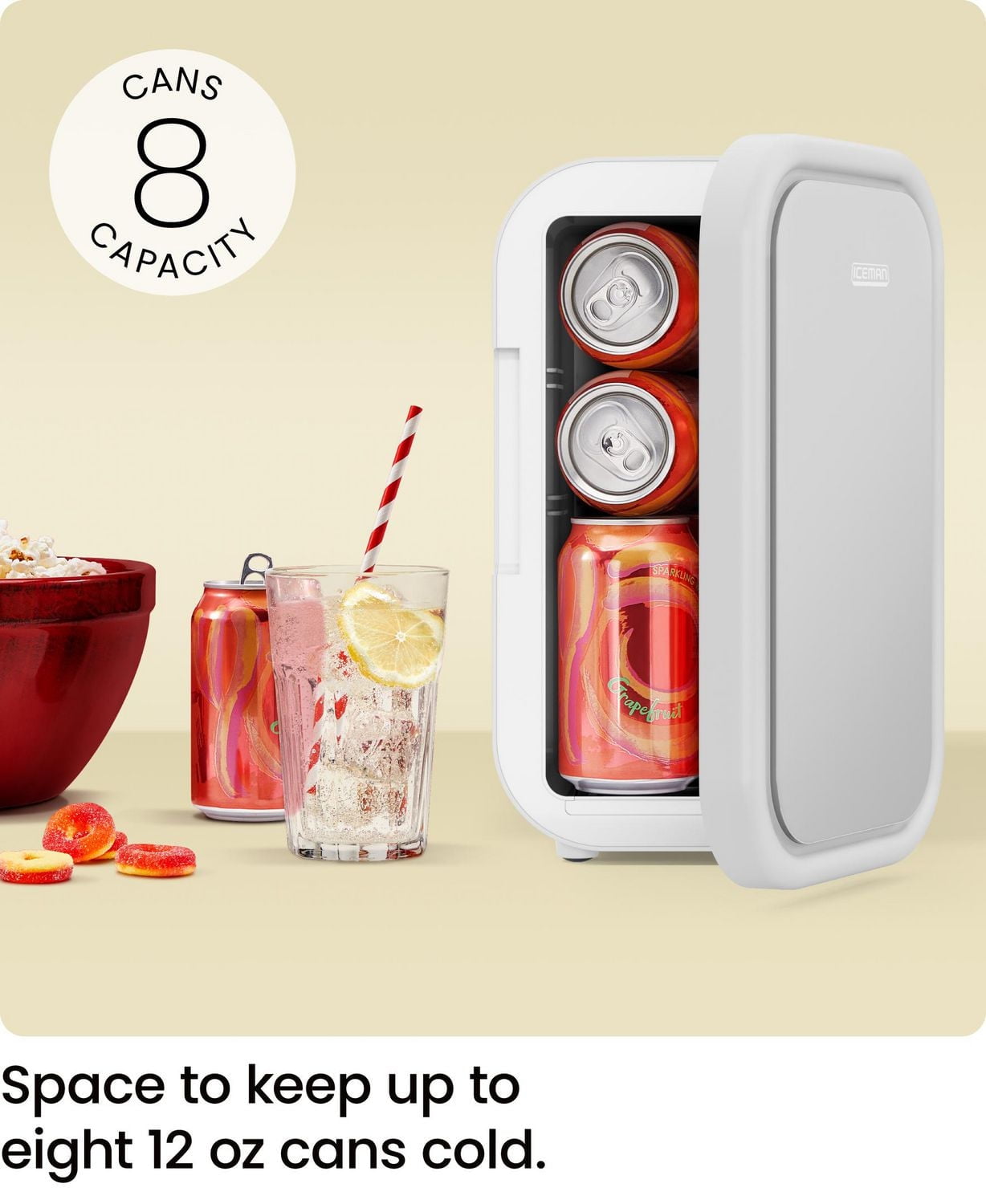 ICEMAN Portable Mini Fridge w/ 8 355 ml (12oz) Can Capacity, Cools and Heats, Car Plug Included - White, New