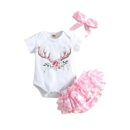 

Canrulo Newborn Infant Baby Girls Outfits Short Sleeve Antlers Flower Print Romper Ruffle Shorts Headband Set Pink 18-24 Months