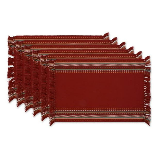 Set of 6 Red Rectangular Striped Fringed Placemat, 19"