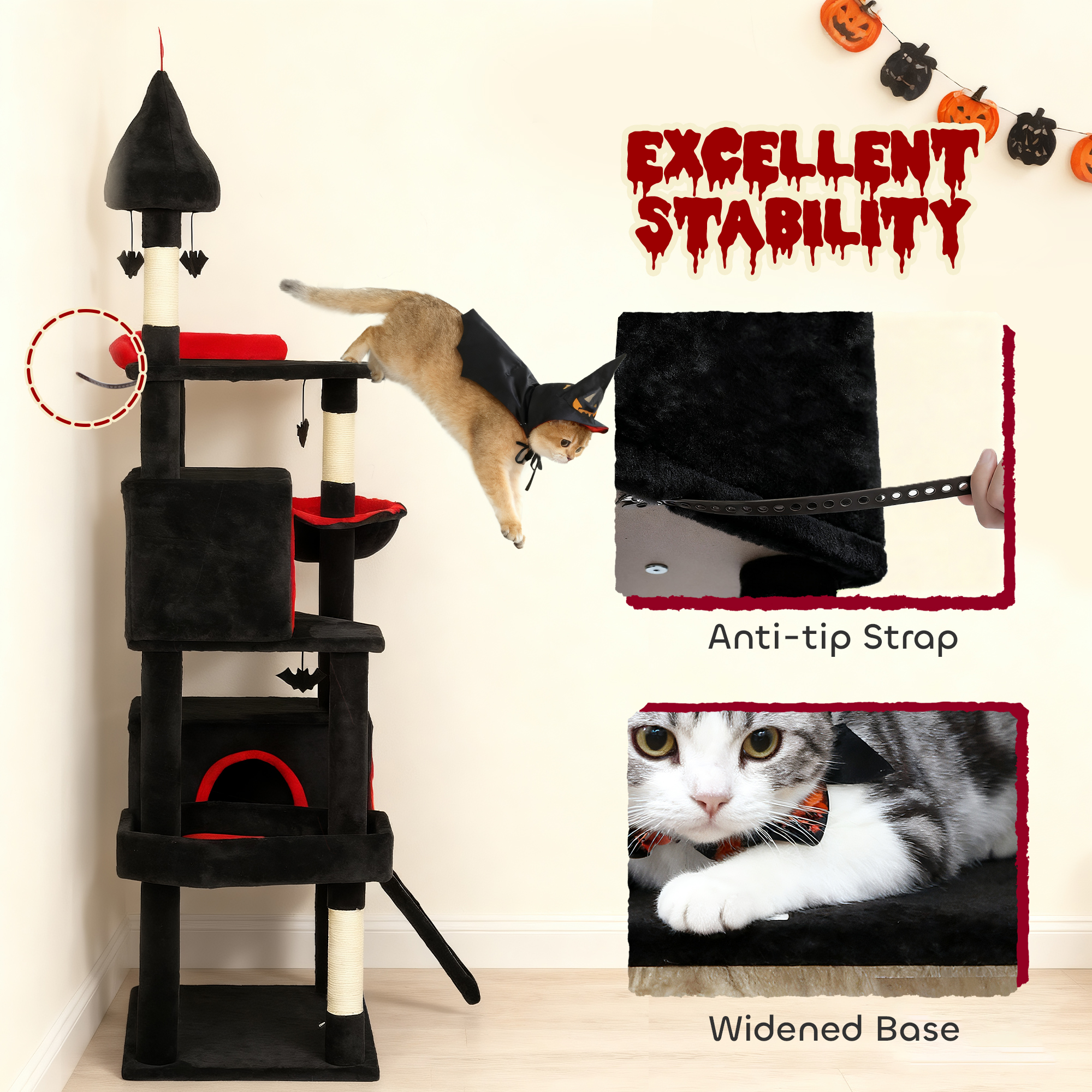 PawHut Gothic Cat Tree, 78" Cat Tower with Coffin Bed, 2 Spacious Condos, Sisal Scratching Posts, 4 Bat Hanging Balls, Comfy Hammock, Black Halloween