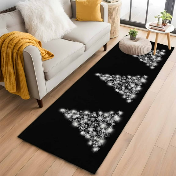 Christmas Tree Black Kitchen Runner Rug 2x6 Washable Runners for Hallway Non Slip Snowflakes Shining Xmas Tree Large Area Rug Indoor Floor Carpet for Bathroom Laundry Entryway Bedroom Living Room