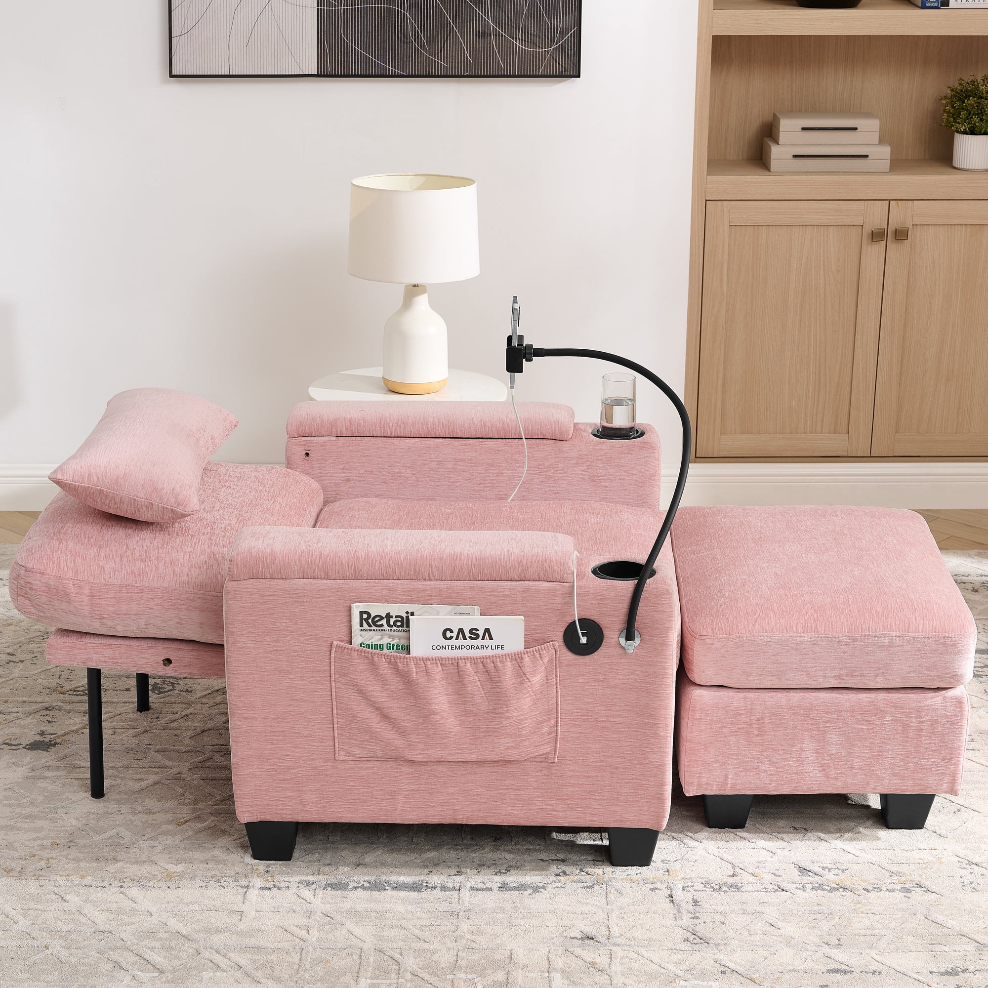 Recliner Chair with Adjustable Backrest, Cup Holders, USB Charging Port, Phone Stand, Arm Storage and Storage Ottoman