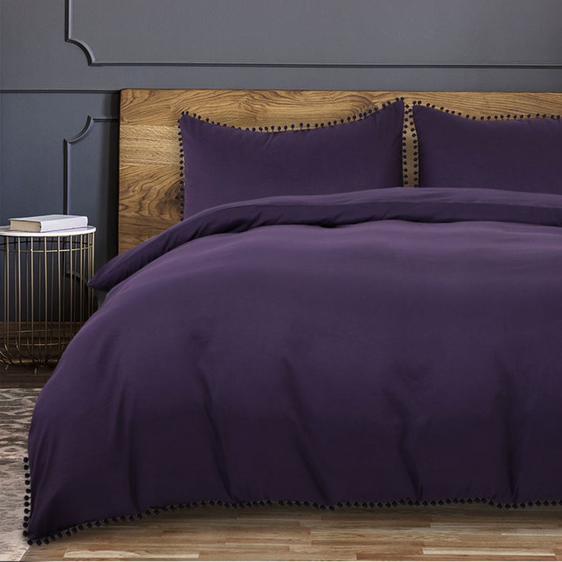 REGALWOVEN 3-Piece Duvet Cover Set with Pompoms Tassel, Queen Dark Purple