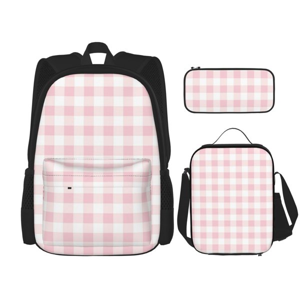 Balery Pink Checkboard Mochila Escolar 3 en 1 para Niños - Mochila Resistente con Lonchera Térmica y Estuche - Mochila Escolar para Niños y Niñas