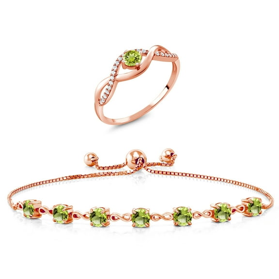 Gem Stone King 3.76 Ct Round Green Peridot 18K Rose Gold Plated Silver Ring and Bracelet Jewelry Set (Size 8)