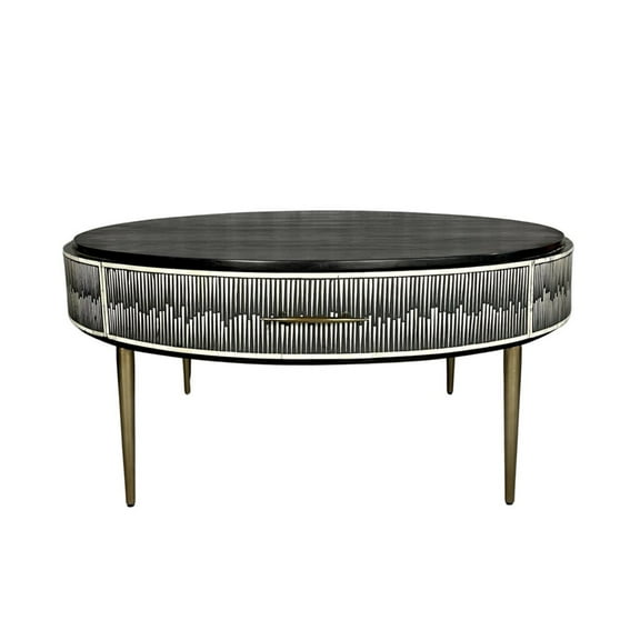 Arrow Round Bone Inlay Coffee Table Black, Bone Inlay Coffee Table with Drawer