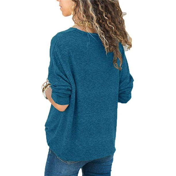 Womens Long Sleeve V Neck Casual Loose Tunic Tops Pullover Outfit Knit  Sweater 
