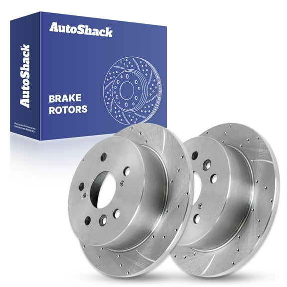 AutoShack Rear Solid Drilled & Slotted Silver Zinc Coated Brake Rotors 2-PC Set Replacement for 2005-2007 Toyota Avalon 2004-2008 Toyota Solara 2004-2006 Lexus ES330 SilverShield Pro 10.59" (269 mm)