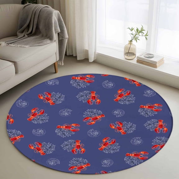 Navy Blue Coastal Round Area Rug 4 FT, Non Slip Indoor Outdoor Rug, Red Lobster Nautical Ocean Washable Soft Circular Carpet Non-Shedding Floor Mat for Coffee Table Nursery Foyer Balcony