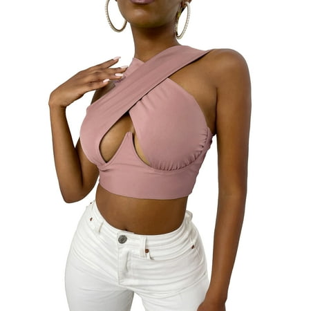 

Womens Cross Cut Out Halter Crop Tops Bandage Wrap Bustier Backless Tie Tank