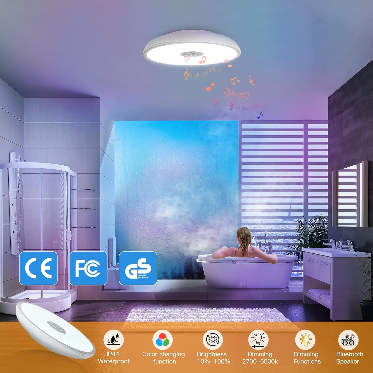 FAMKIT LED Music Ceiling Light with Bluetooth Speaker, 36W Dimmable Ceiling Lamp with Remote Control, Smart RGB APP Control Color Changing Light for Bedroom Bathroom