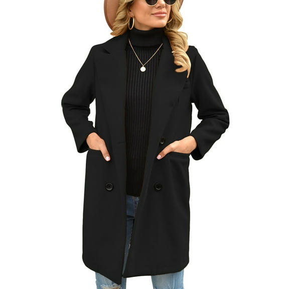 Women Overcoat Double Breasted Turn Down Collar Notched Neckline Fashionable Pockets Overcoat Black XL