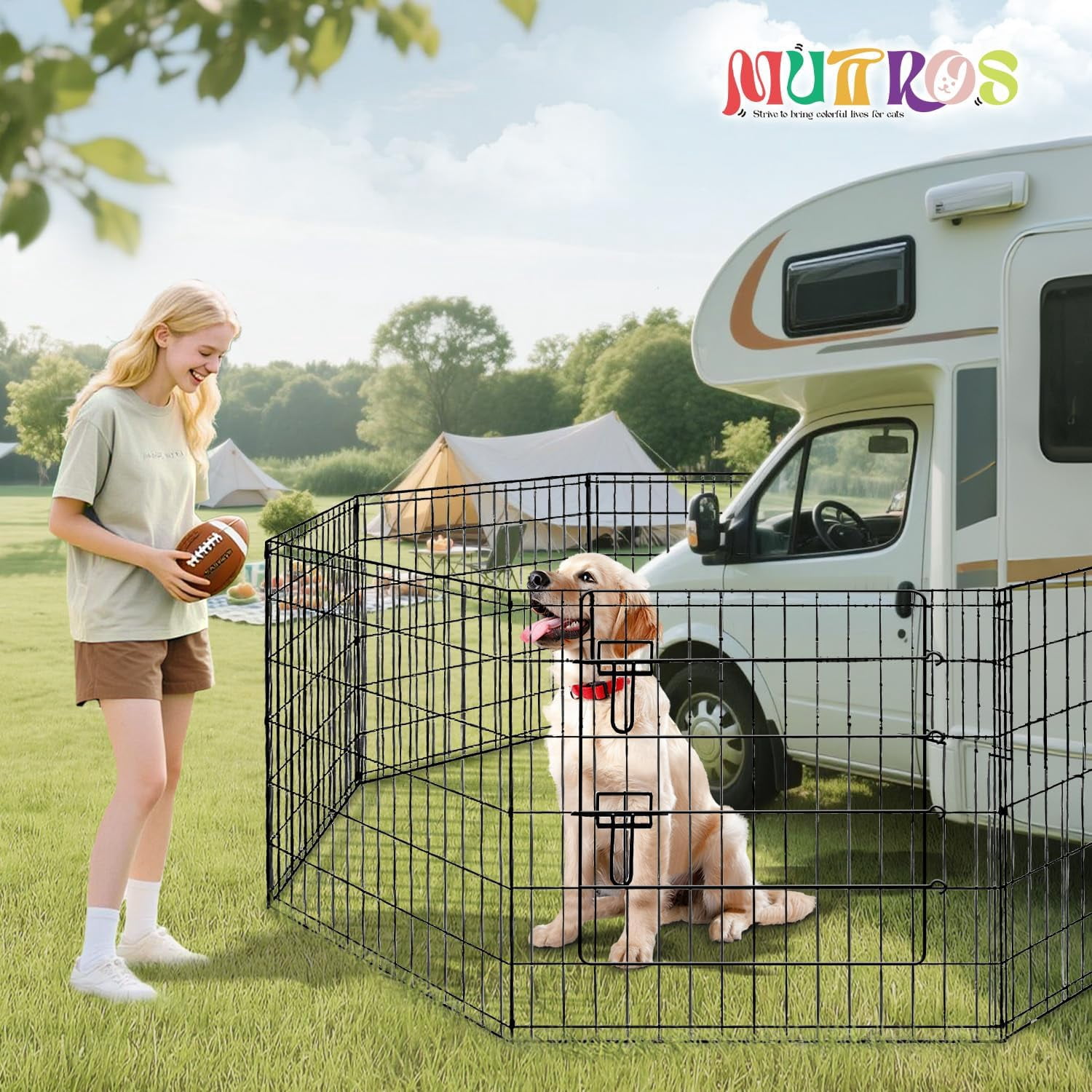 Foldable -48 inch Octagonal Metal Dog Playpen - 8-Panel Exercise Dog Fence with Door, Indoor/Outdoor Dog Corral with Dog Pin for Large & Medium Dogs, Large Black